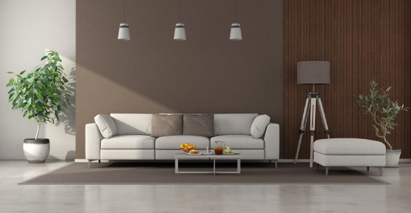 soggiorno minimalista con divano bianco