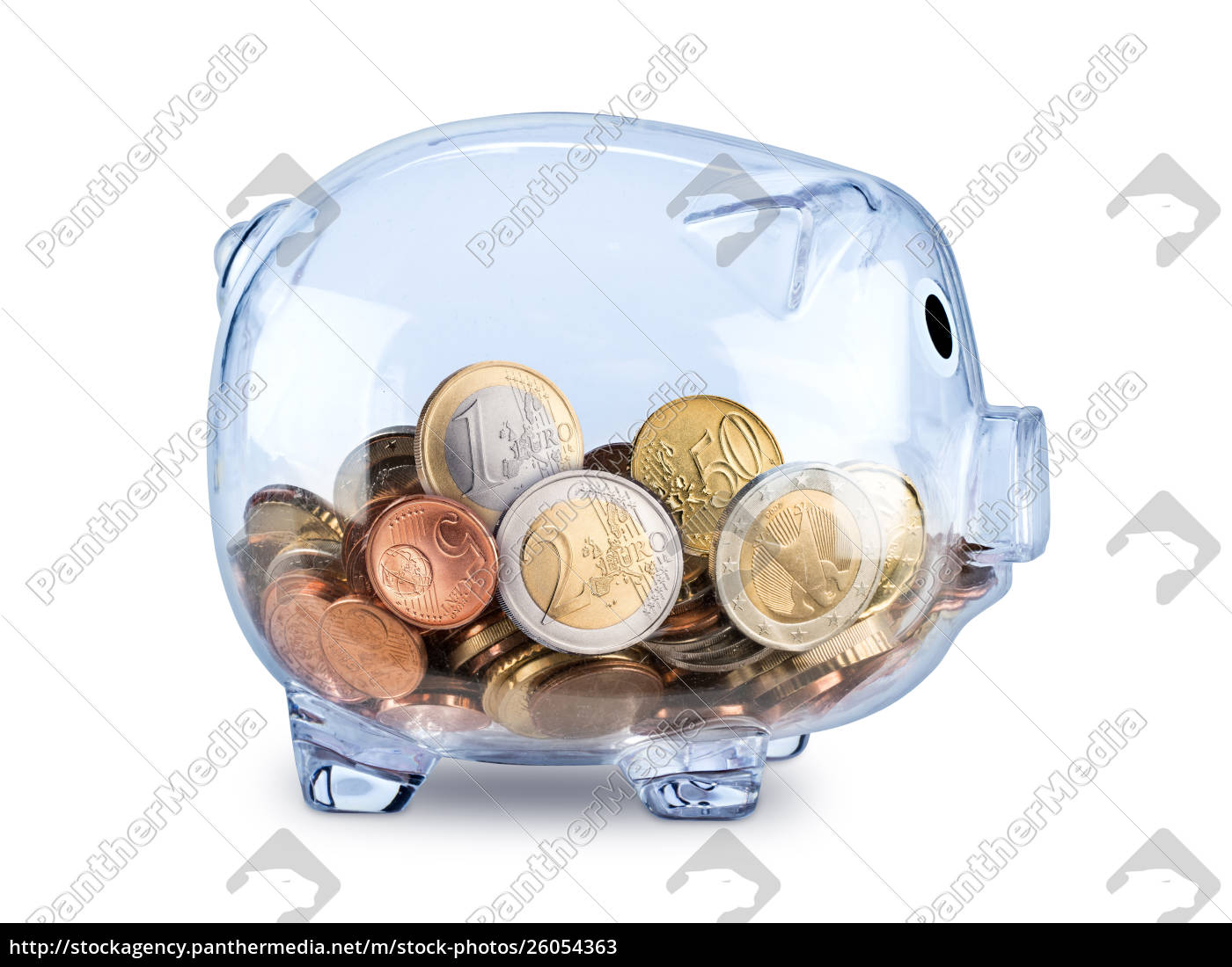 salvadanaio trasparente pieno di monete in euro - Foto stock #26054363